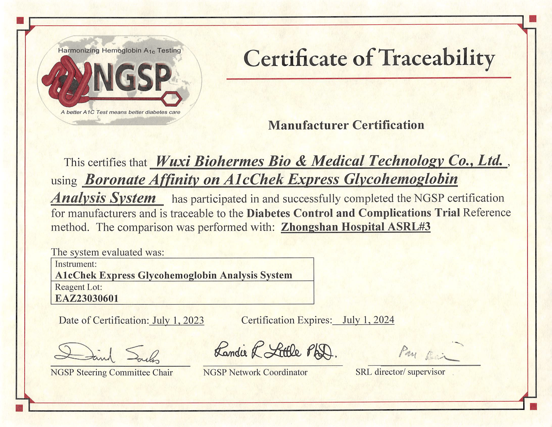 Boronate Affinity on AIC EZ 2.0 Glvcohemoglobin Analysis System  NGSP