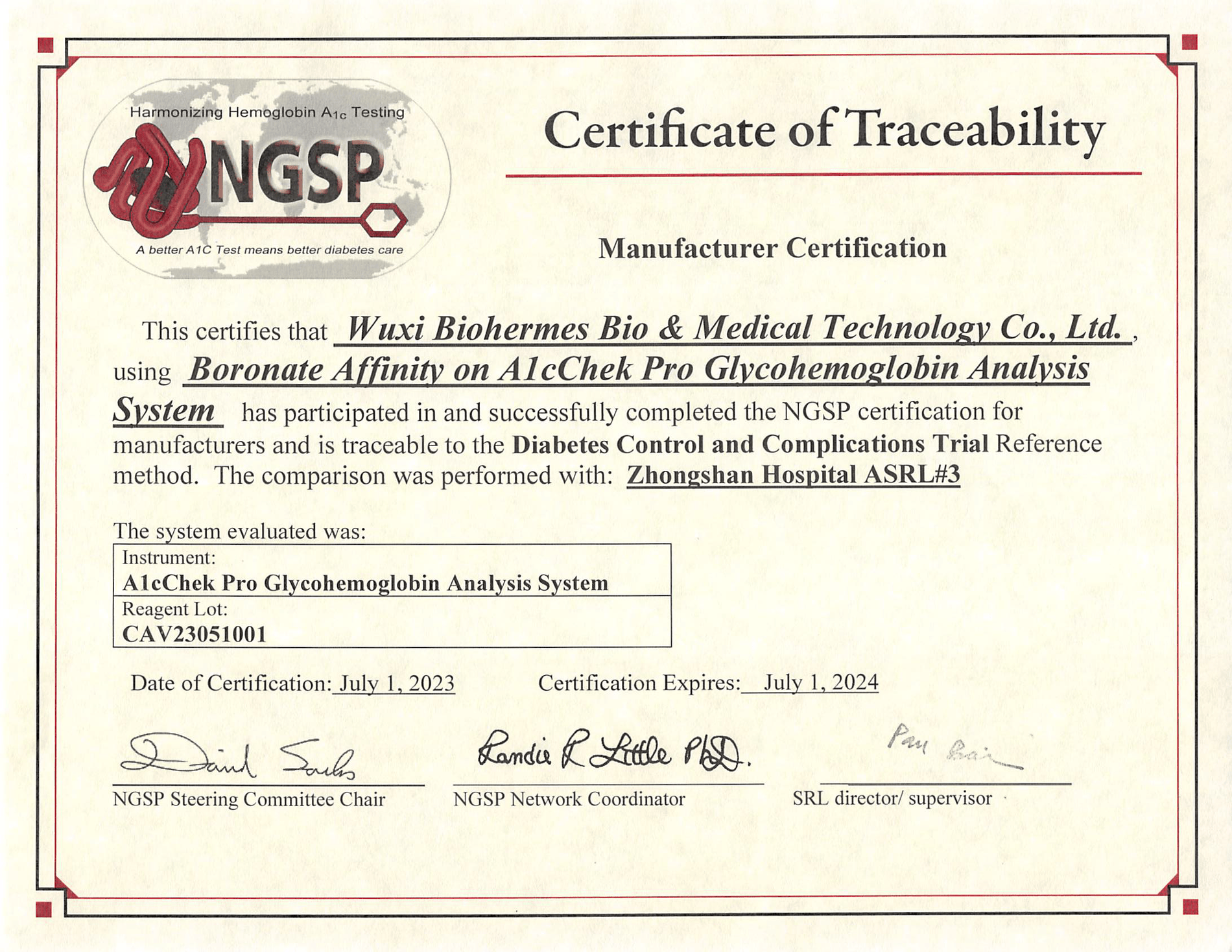 Boronate Affinity on AIC EZ 2.0 Glvcohemoglobin Analysis System  NGSP